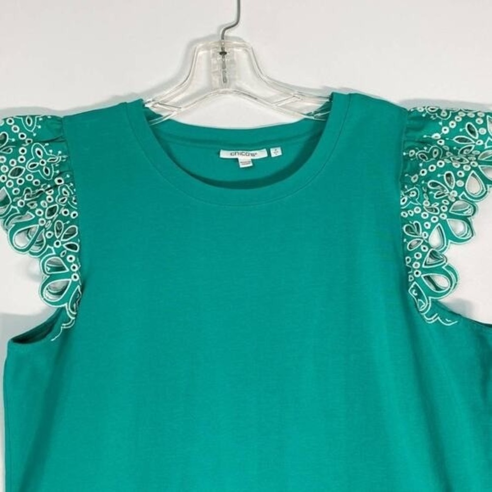 Chico's Eyelet Flutter Cap Sleeve Tee Tropical Jade Teal Lace Stretch - L - Picture 6 of 12